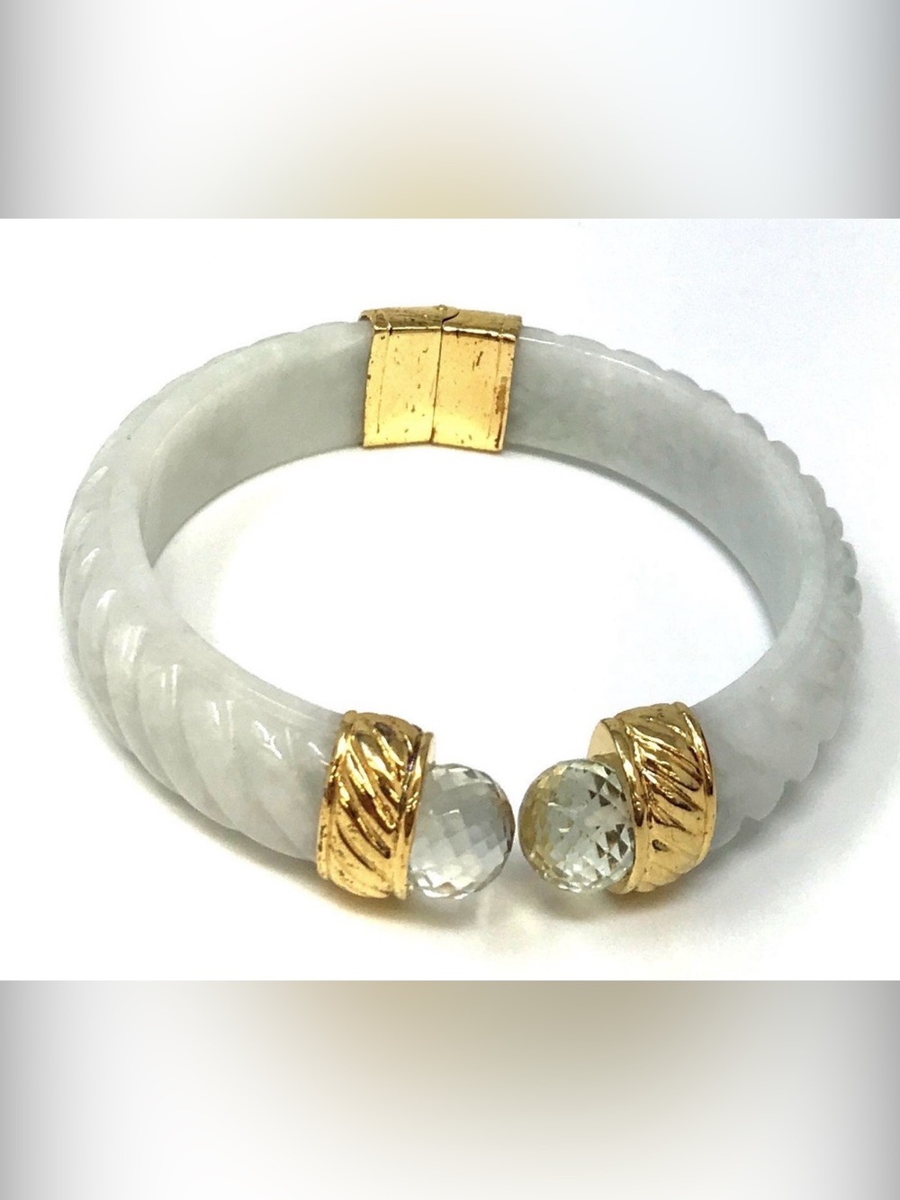 925 Sterling Silver Vermeil Carved Light Jade & Green Amethyst 7.25" Bracelet